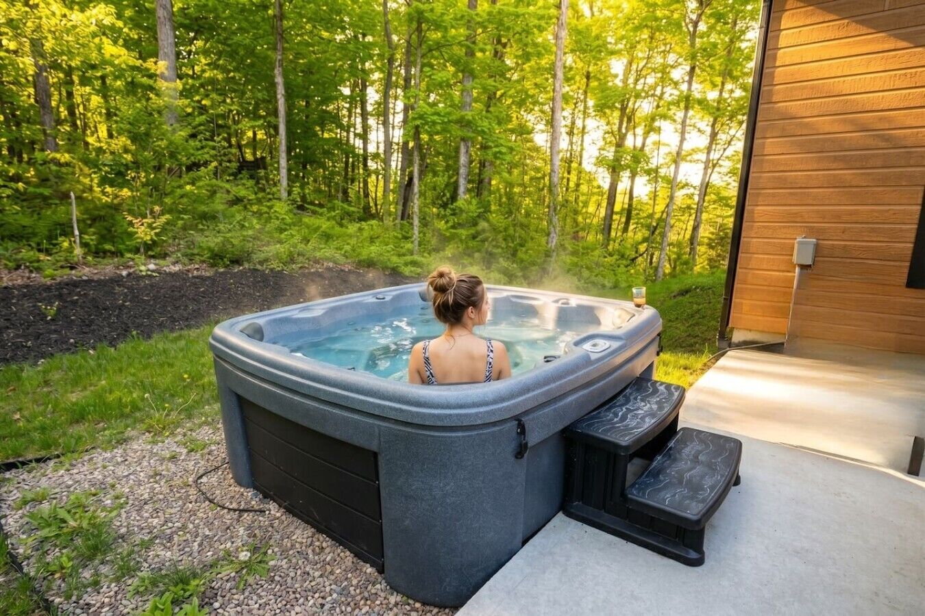 A hot tub in a garden with a wooden house in the background.
