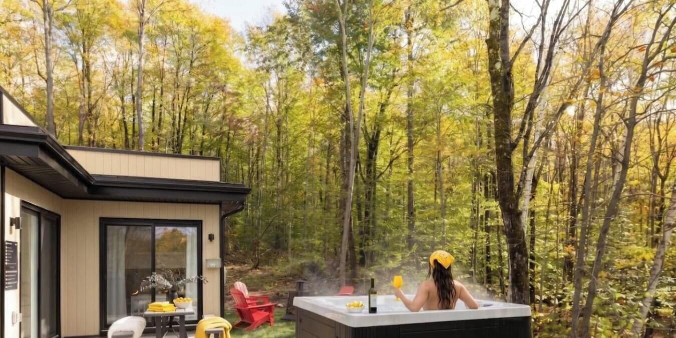 A hot tub in a forested area with a house in the background.