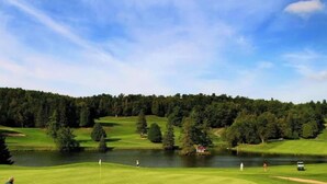 A golf course with a lake, trees, and a clear sky. - Écohaven-Spa, nature & feu sous les étoiles (Brownsburg)