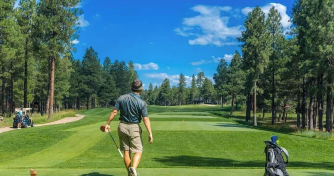 Une personne se promène sur un terrain de golf, entourée d’arbres, sous un ciel dégagé.