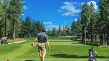 Une personne se promène sur un terrain de golf, entourée d’arbres, sous un ciel dégagé.