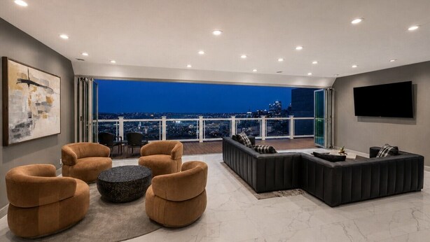 A modern living room with a city view, a large sofa, armchairs, and a flat-screen TV. - Luxury Living | Skyline Views | Grandview Retreat (Pittsburgh)