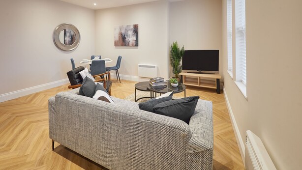 Ett modernt vardagsrum med en soffa, ett matbord, en tv och en växt.