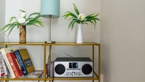 Ein Zimmer mit Bücherregal, Radio und zwei Blumentöpfen.