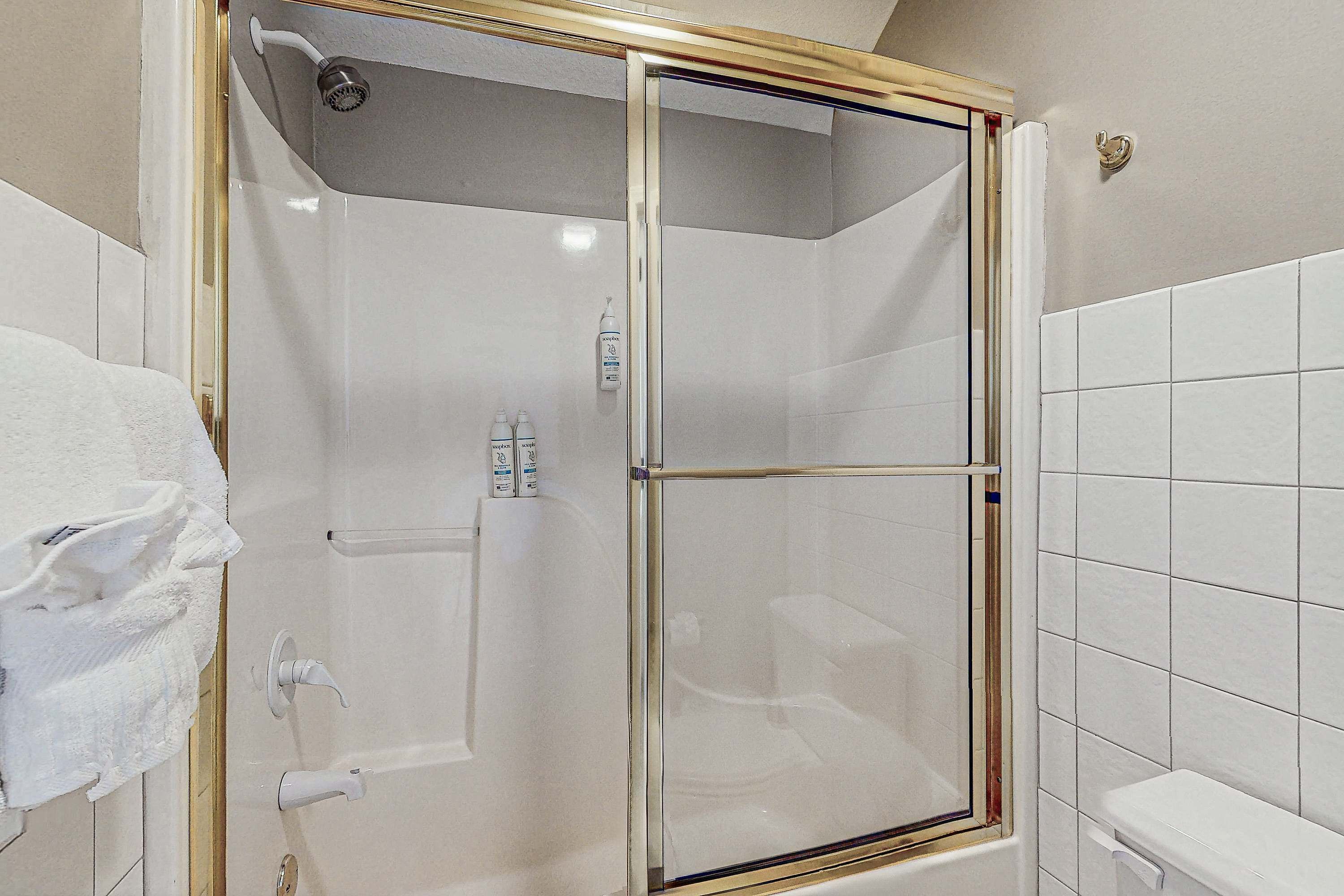 Une cabine de douche dotée d’une porte en verre, d’un porte-serviettes et de toilettes visibles dans la pièce adjacente.