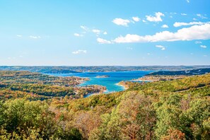 Ein weitreichender Blick auf eine Küstenlandschaft mit blauem Himmel, dichtem Wald und einer großen Wasserfläche.
