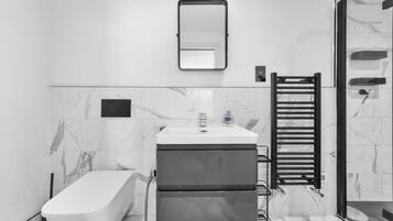 Hair dryer, towels, soap, toilet paper