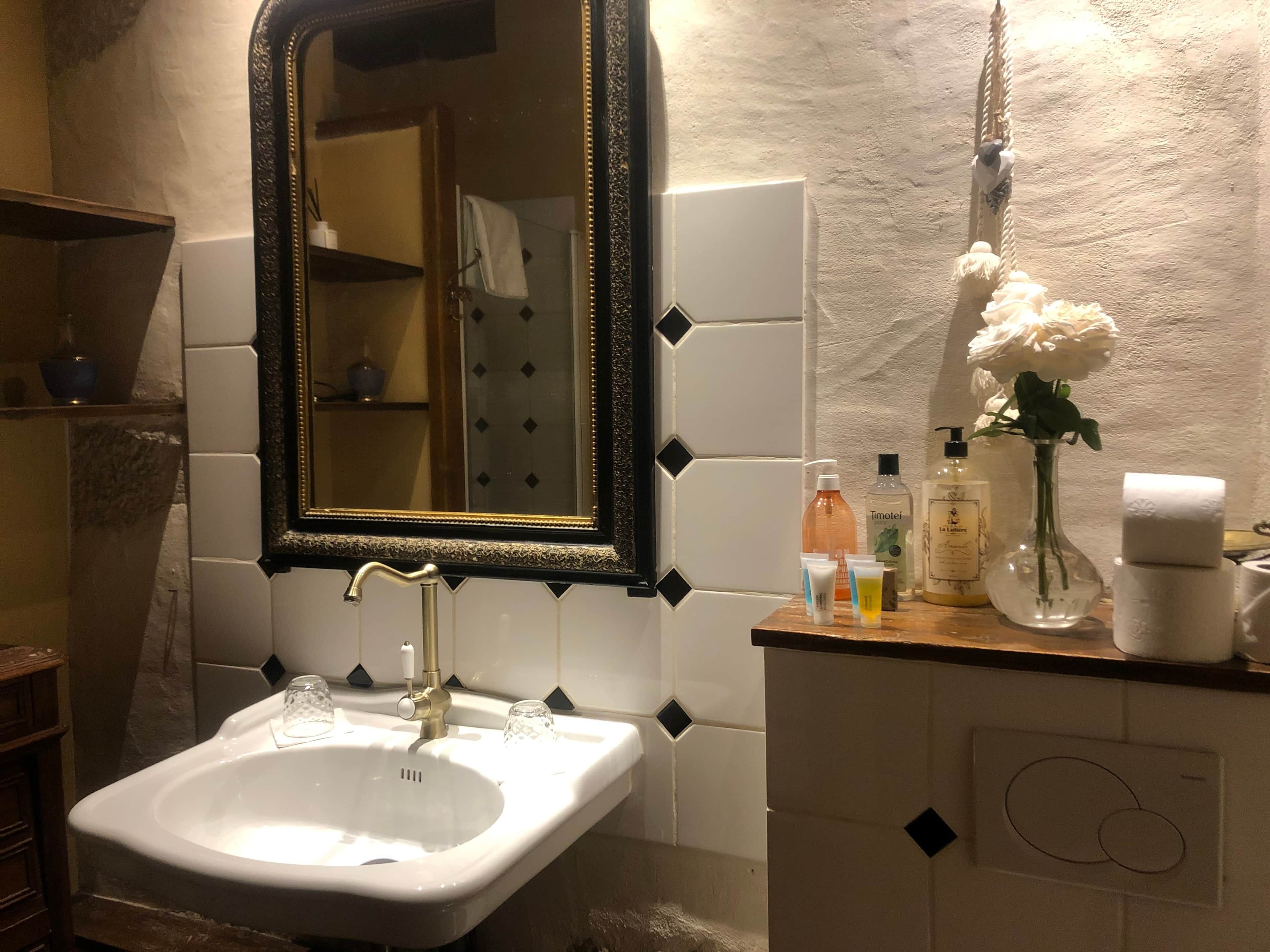 A bathroom with a white sink, a mirror with a decorative frame, toiletries on the counter, and a vase with a flower.