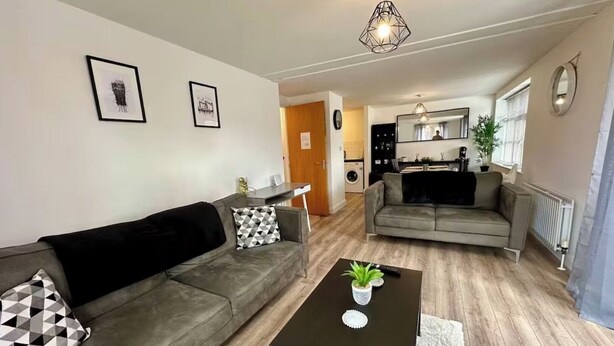 A living room with two sofas, a coffee table, and a kitchen in the background. - 2br city side apartment (Belfast)