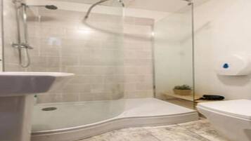 Shower, hair dryer, towels, toilet paper