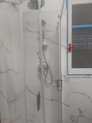 Shower, hair dryer, bidet, towels