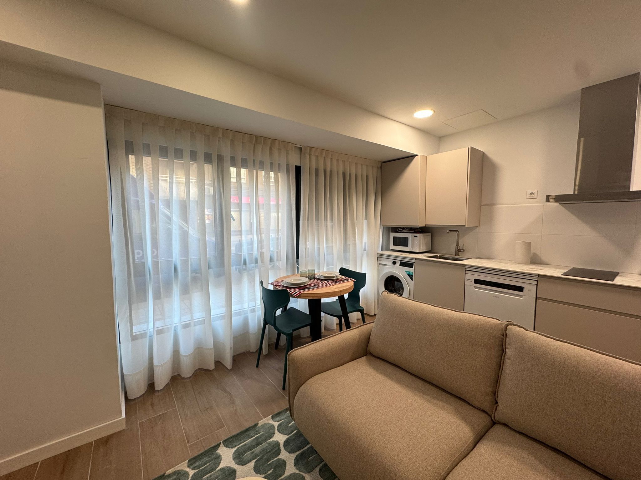 A compact living space with a sofa, a dining table, a washing machine, and a microwave in the kitchenette.