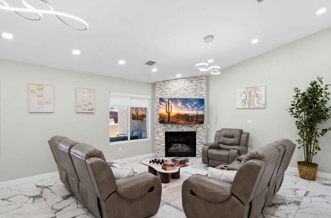 TV, fireplace, video games, stereo