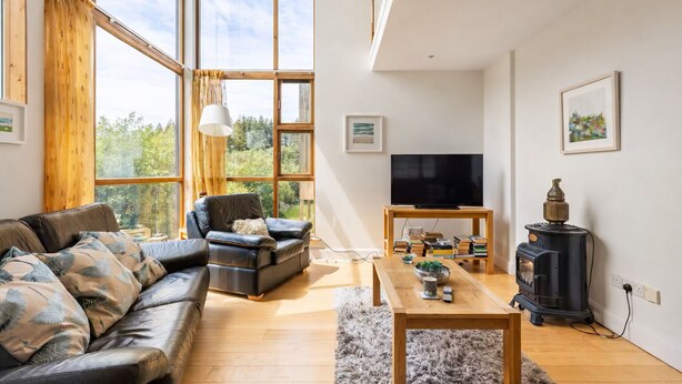 Ein Wohnzimmer mit einer Couch, einem Sessel, einem Fernseher, einem Tisch mit Büchern, einem Kamin und großen Fenstern.