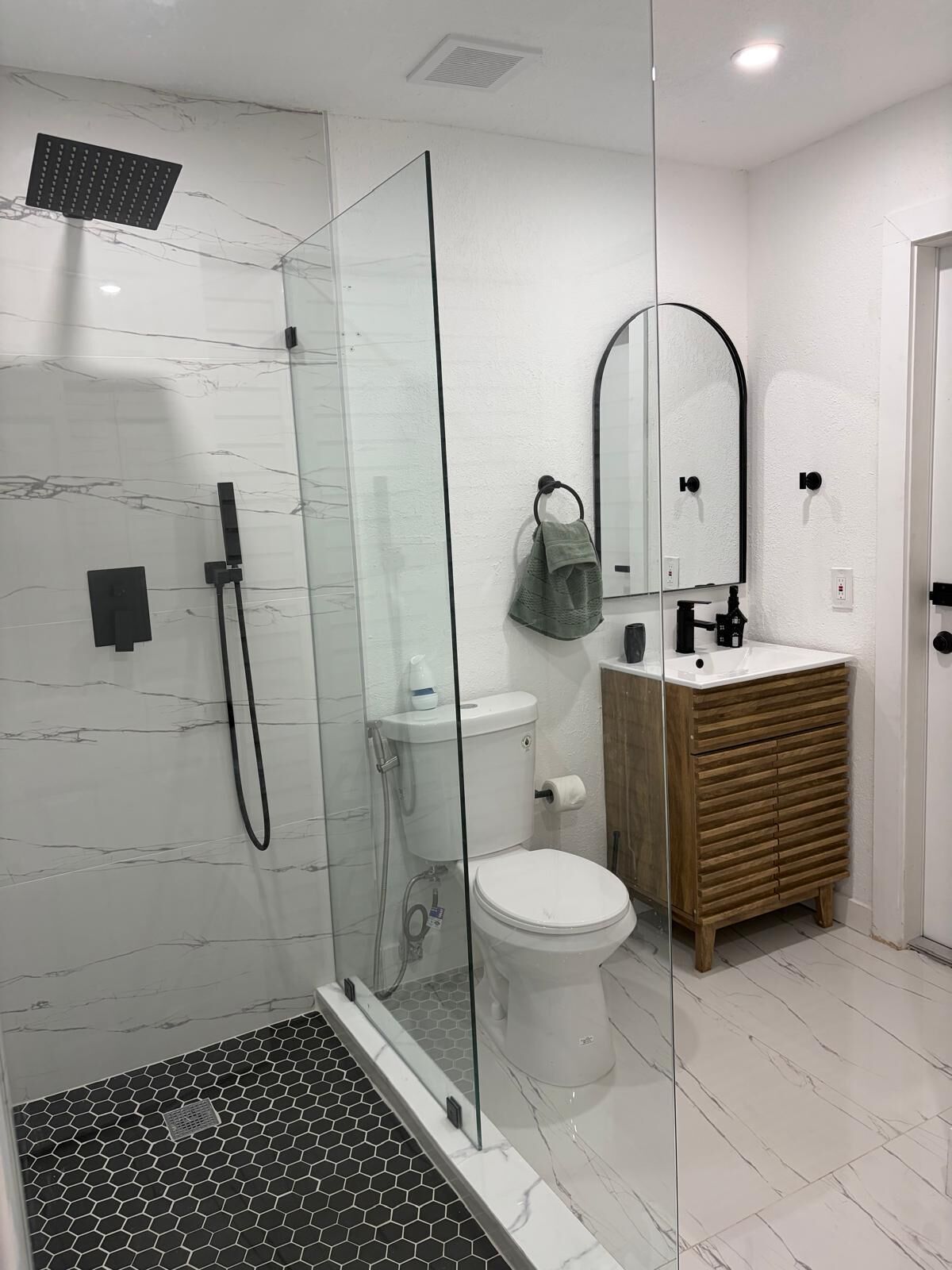 Hair dryer, towels, soap, toilet paper