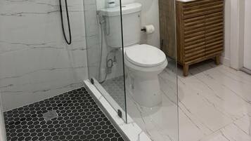 Hair dryer, towels, soap, toilet paper