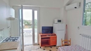 A room with a kitchenette, a television, a chair, and a door leading to an outdoor area.