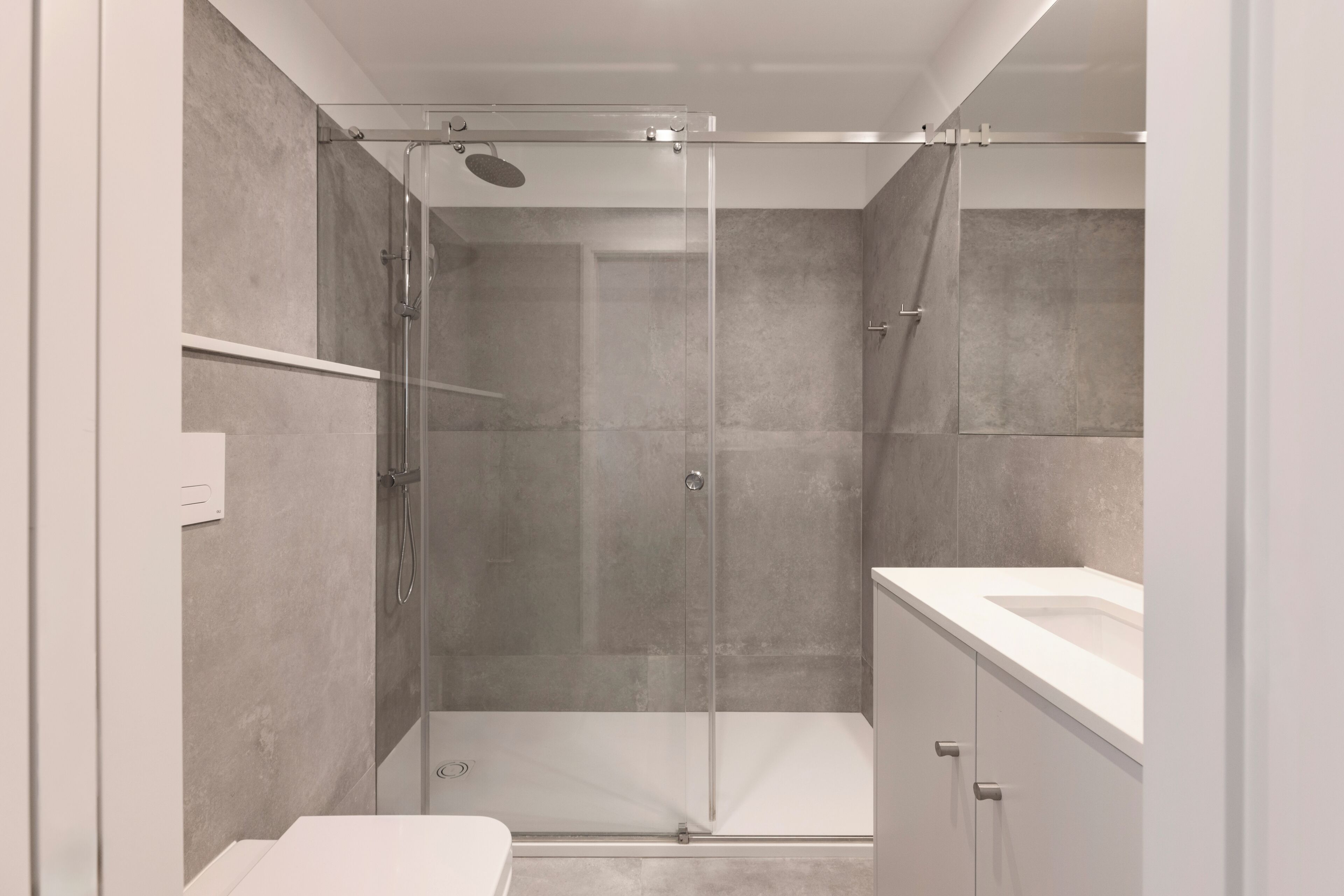 Un baño moderno con ducha de vidrio, un lavabo blanco y un armario.