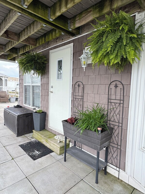 A covered porch with a white door, potted plants, and a metal gate.