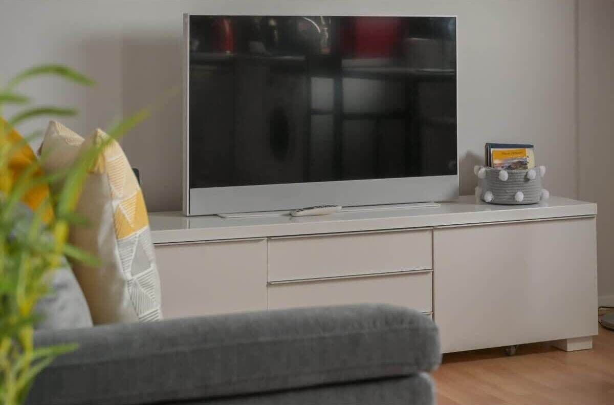 A modern living room with a flat-screen TV on a white cabinet, a small decorative item on top, and a plant in the foreground.
