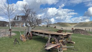 Un paysage rural avec une grande structure métallique rouillée qui ressemble à un chariot ou une charrette, entourée d’herbe et d’arbres.