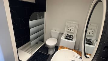 Een haardroger, handdoeken, zeep, toiletpapier
