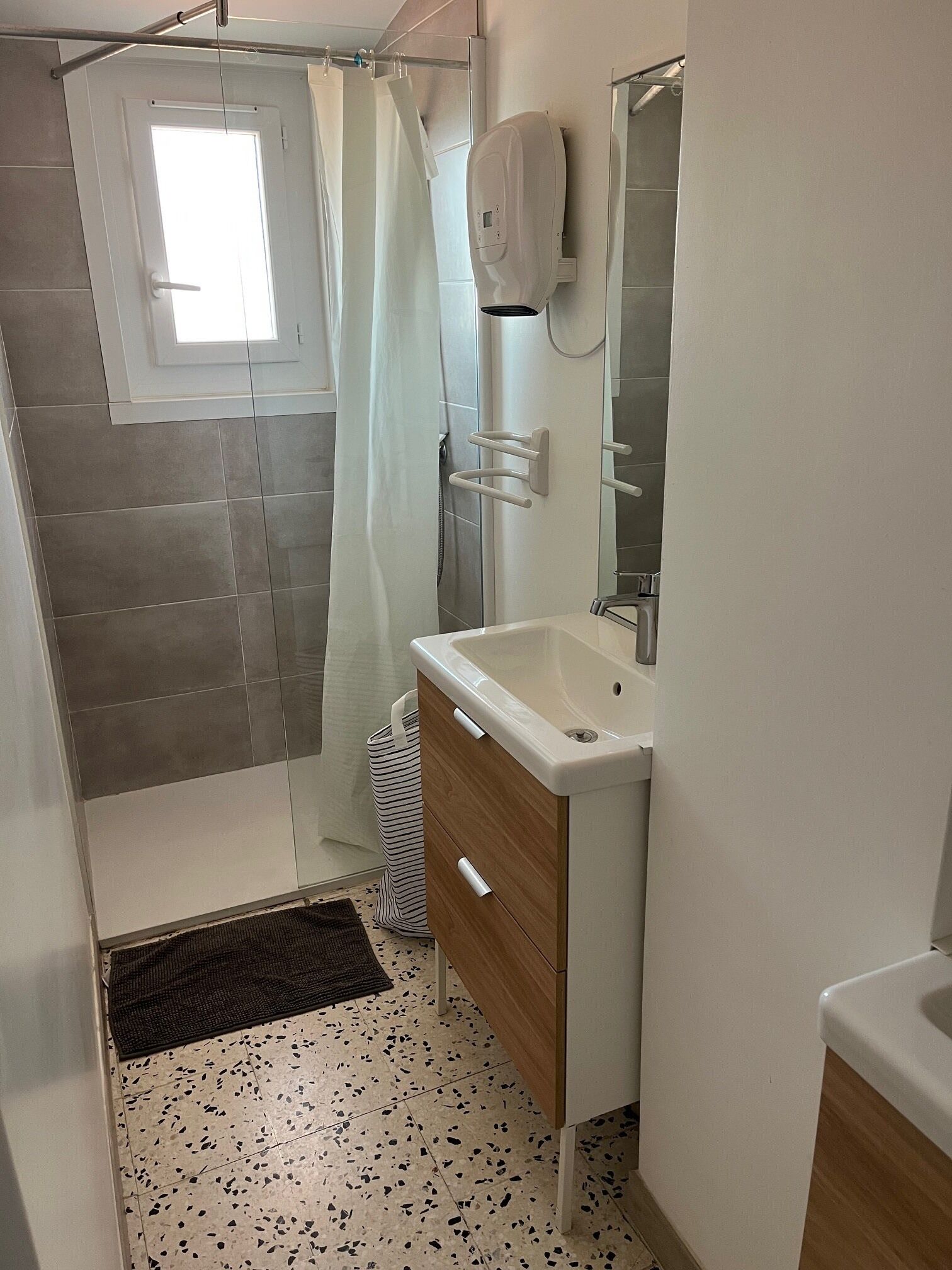 Shower, hair dryer, soap, toilet paper