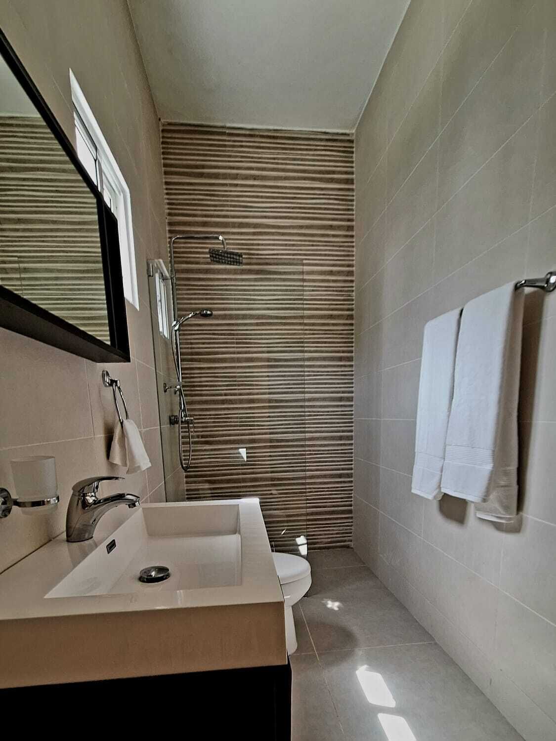 Shower, towels, soap, toilet paper