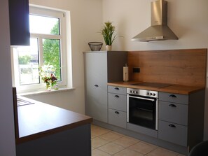 Eine moderne Küche mit Backofen, Edelstahl-Dunstabzugshaube und einem Fenster mit Blick auf Grünflächen.