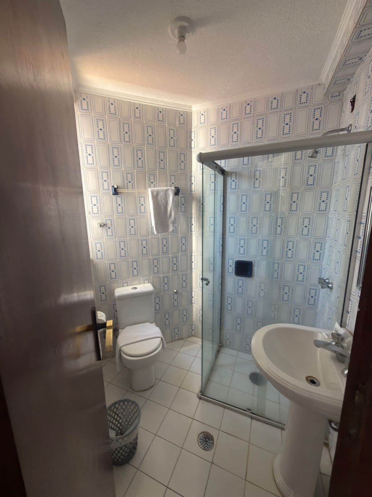 Ein Badezimmer mit Toilette, Dusche und Waschbecken.