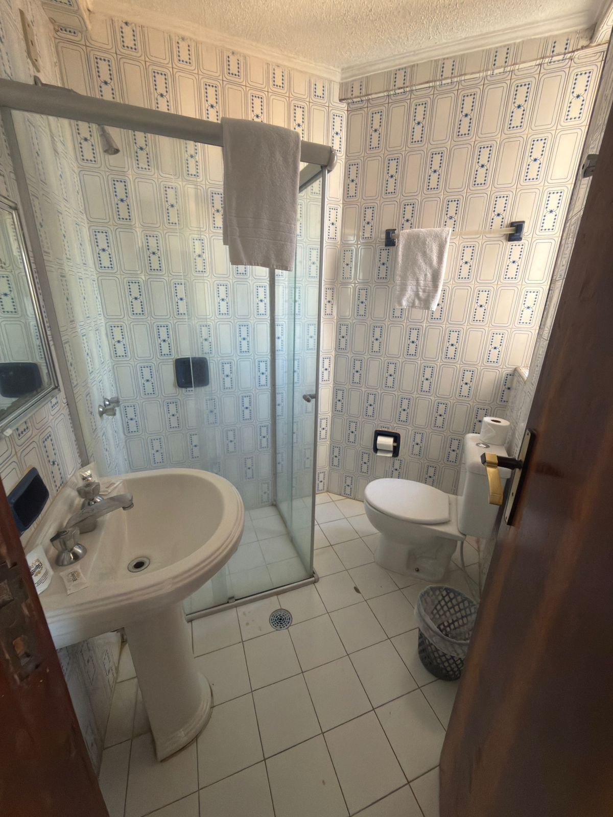 A bathroom with a glass shower enclosure, a sink, and a toilet.