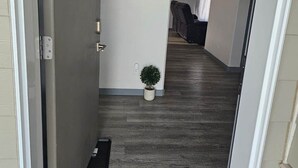 Un couloir avec une porte, une plante en pot, un tapis et une chaise au loin.