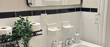 Hair dryer, towels, soap, shampoo