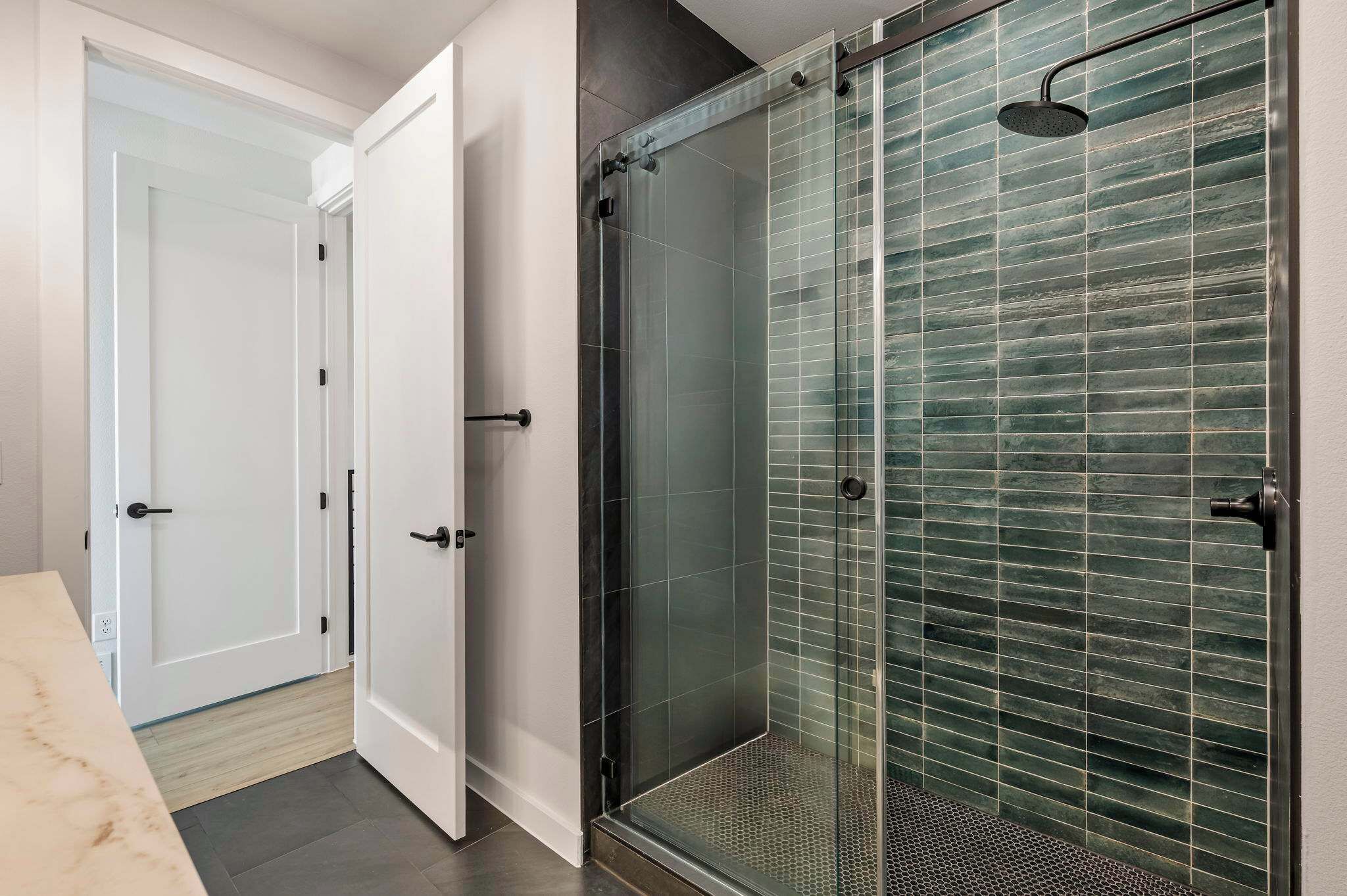 Shower, hair dryer, towels, shampoo