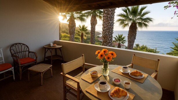 A balcony with a table set for breakfast, chairs, and a view of the ocean.