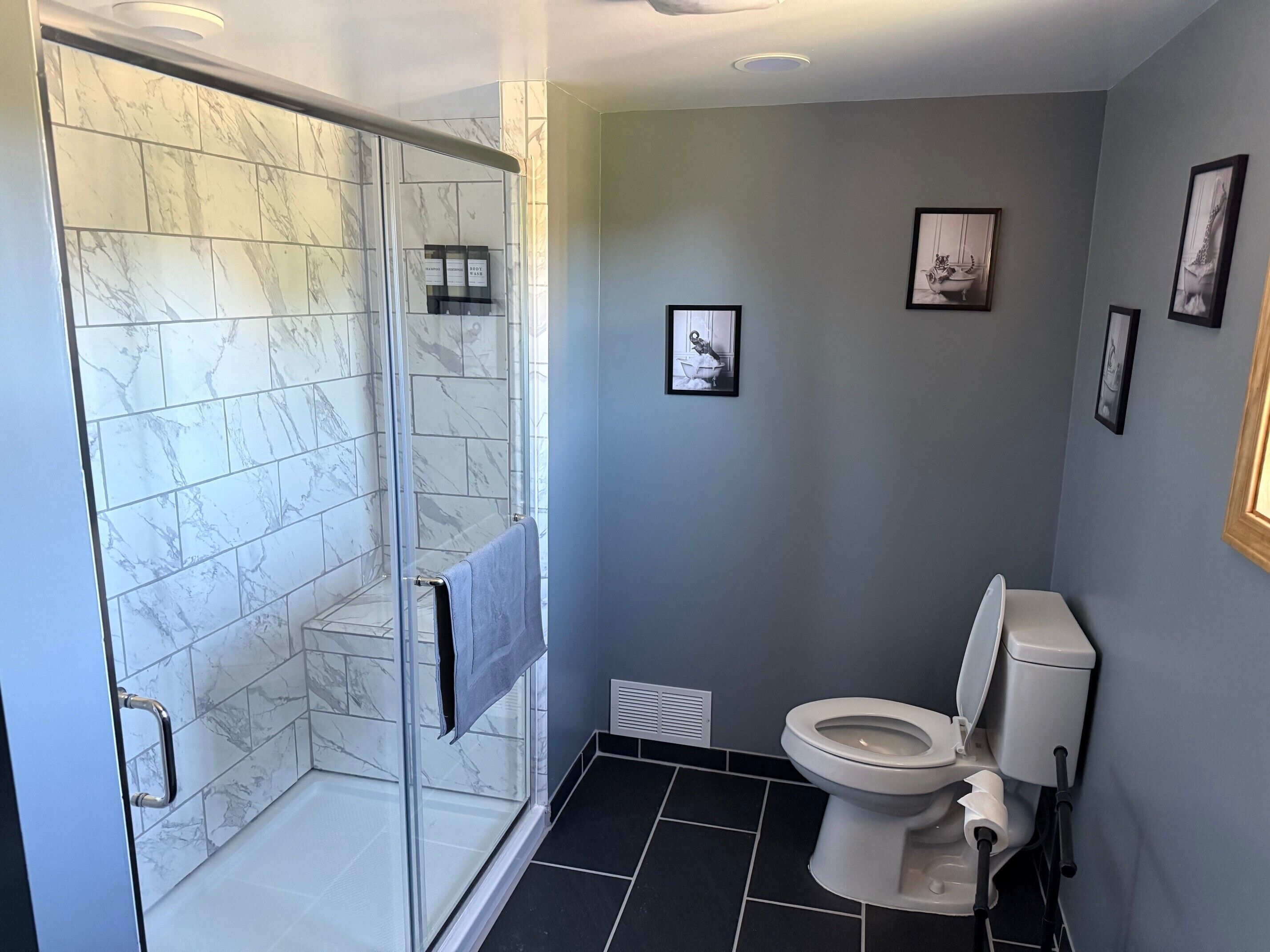 Shower, hair dryer, towels, soap