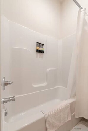 Hair dryer, towels, soap, shampoo