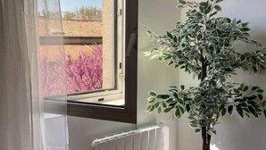 Une pièce avec une fenêtre, un radiateur et une plante en pot.