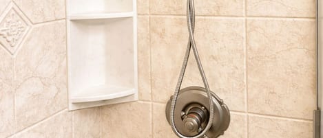 Shower, towels, soap, toilet paper