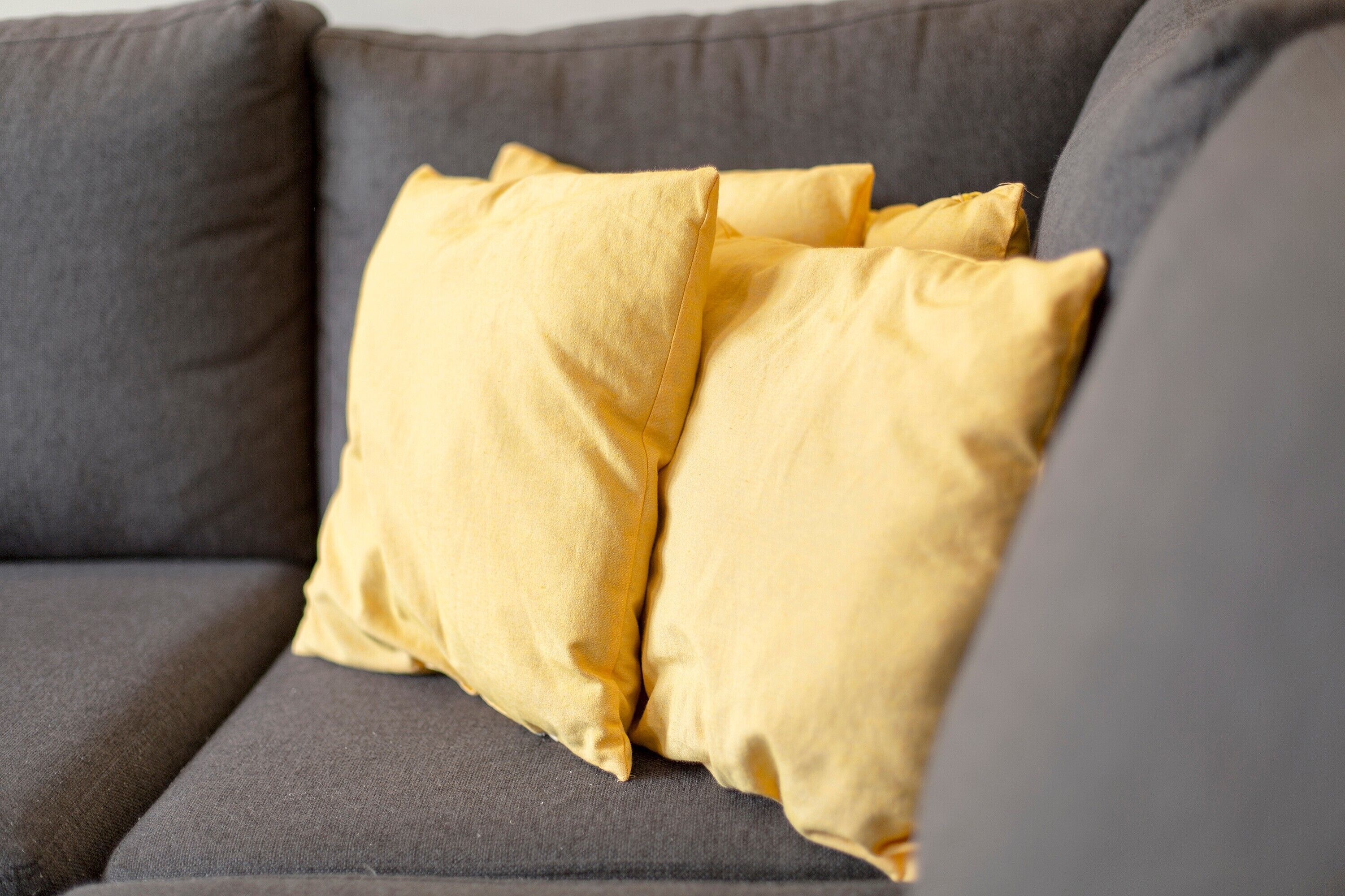 A grey sofa with two yellow pillows.