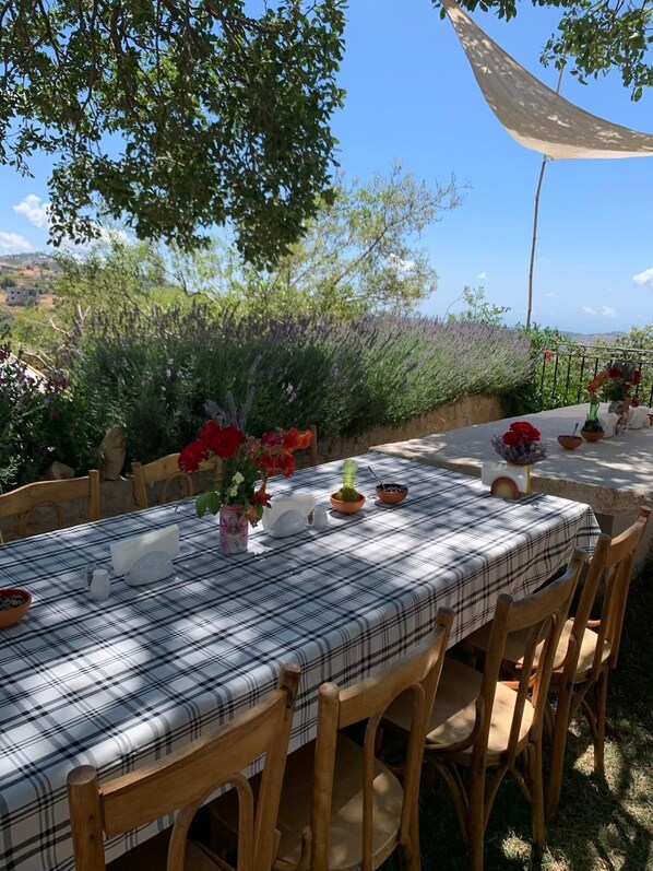 An outdoor dining area with a checkered tablecloth, wooden chairs, and potted plants.