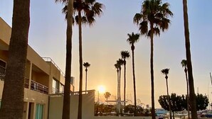 A beachfront area with palm trees, a building with balconies, and a clear sky.