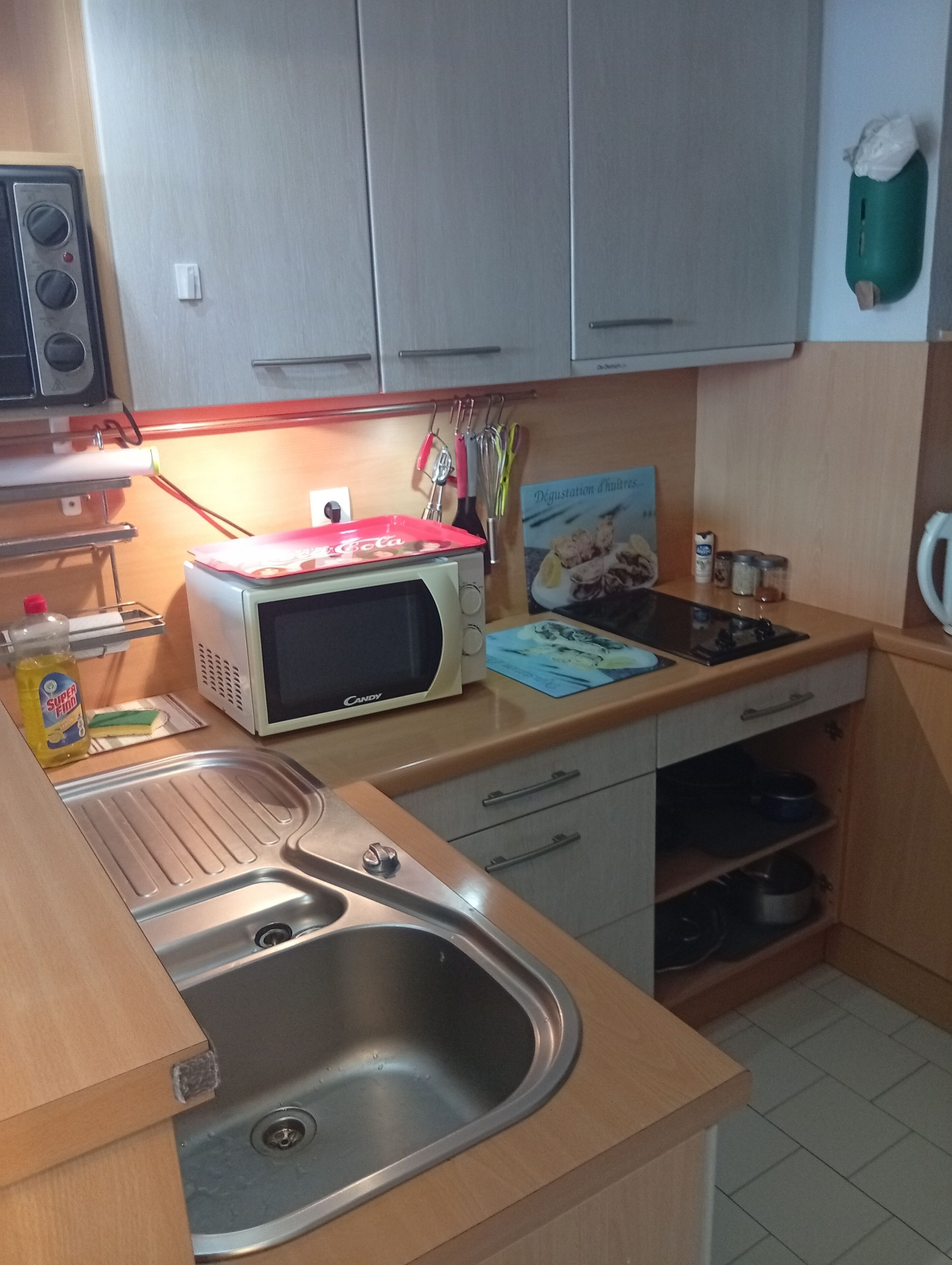 Keittiössä on mikroaaltouuni, pesuallas ja kaapistot.