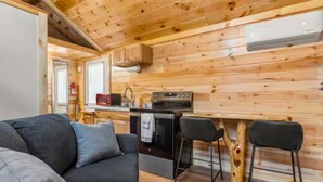Een gezellig blokhutinterieur met houten plafond, een kitchenette met fornuis en spoelbak, een bar met krukken, en een bank.
