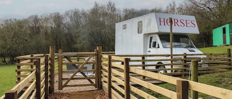 Une remorque blanche pour chevaux, sur laquelle on peut lire le mot « CHEVAUX », est garée dans un espace clos, délimité par une clôture et une porte en bois.