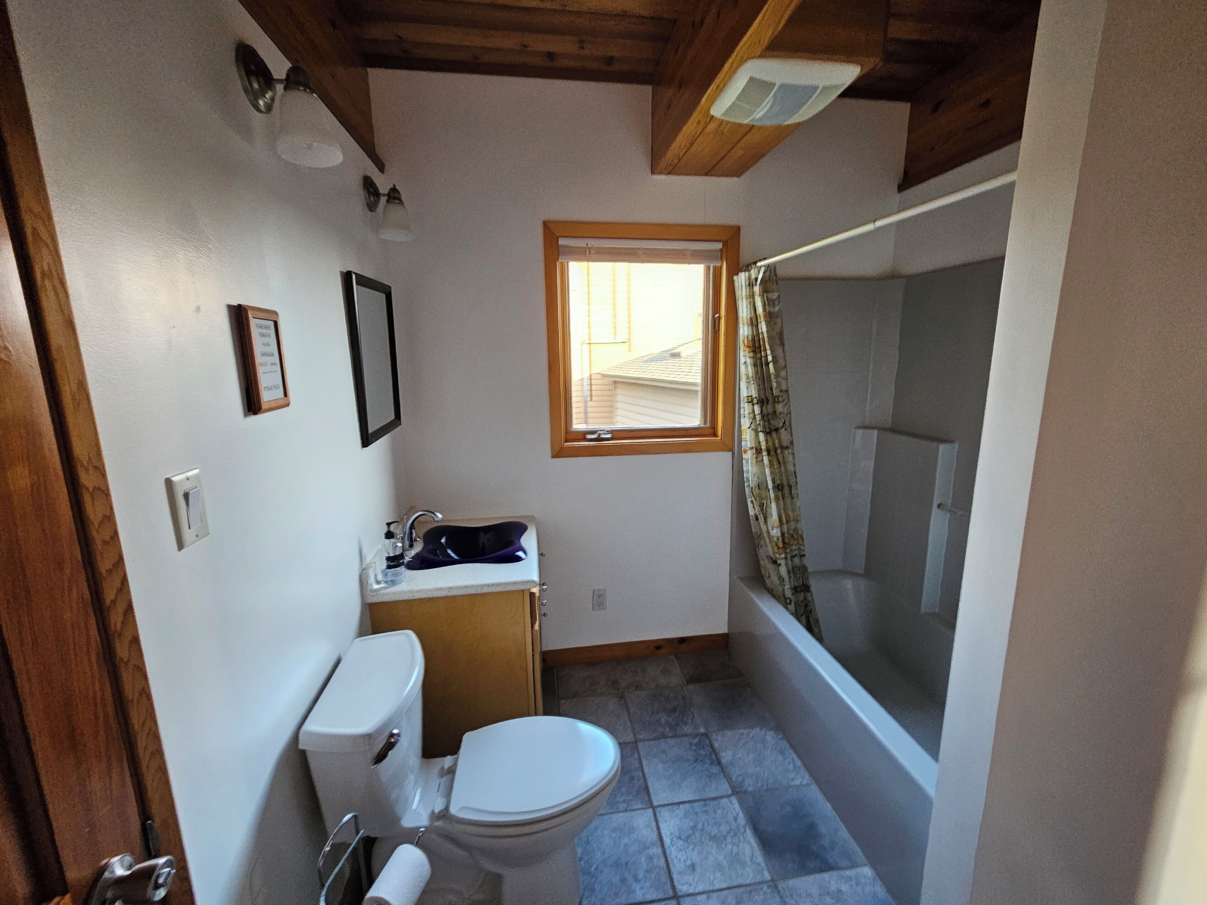 Een kleine badkamer met toilet, wastafel en douche.