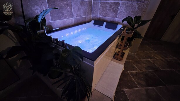 A hot tub with a control panel, surrounded by potted plants, in a room with tiled walls and floor. - LA SUITE TILLEUIL (Montgé-en-Goële)
