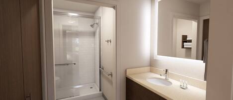 Hair dryer, towels, soap, shampoo
