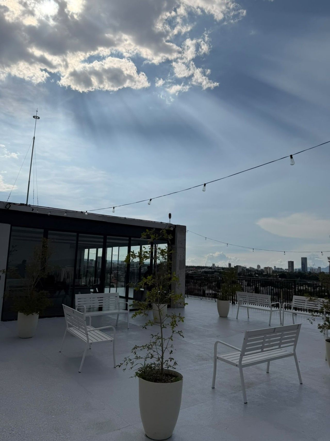 An outdoor seating area with white chairs and a potted plant, overlooking a cityscape.