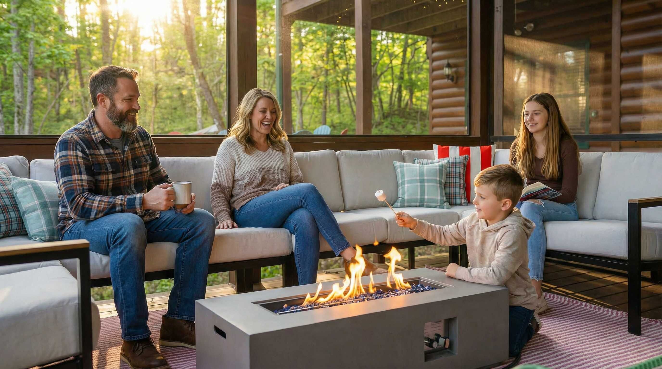 A family sitting on a couch with a fire feature in front of them.